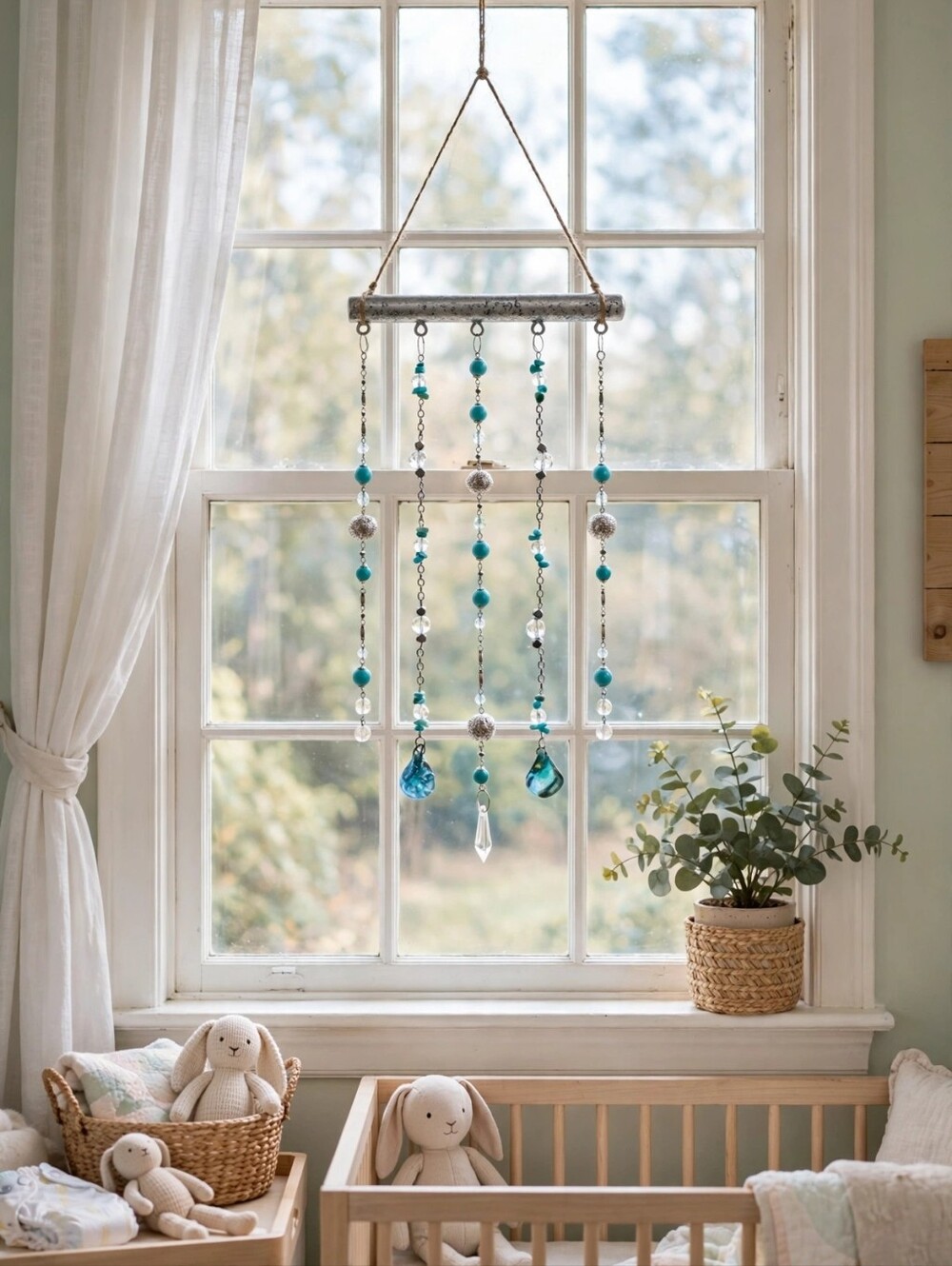 Handmade Turquoise & Silver Beaded Nursery Bedroom Curtain Window Wall Hanging